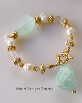Creamy White Potato Pearl, Afghani Aquamarine Nugget and 22kt Gold Vermeil Gemstone Bracelet | Online Jewelry Boutique | Schaef Designs Artisan Handcrafted Gemstone Jewelry | San Diego, CA 