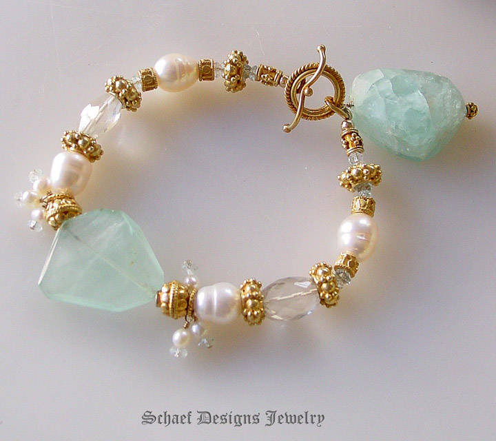 Creamy White Potato Pearl, Afghani Aquamarine Nugget and 22kt Gold Vermeil Gemstone Bracelet | Online Jewelry Boutique | Schaef Designs Artisan Handcrafted Gemstone Jewelry | San Diego, CA 