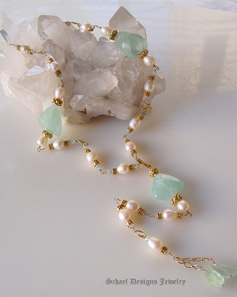 Afghani Aquamarine Nugget & White Freshwater Pearl Long Necklace | Schaef Designs artisan handcrafted gemstone Jewelry | online jewelry boutique | San Diego, CA