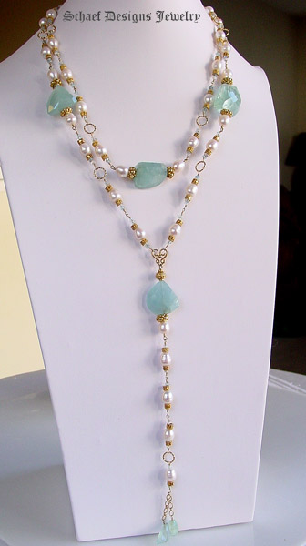 Afghani Aquamarine Nugget & White Freshwater Pearl Long Necklace | Schaef Designs artisan handcrafted gemstone Jewelry | online jewelry boutique | San Diego, CA 