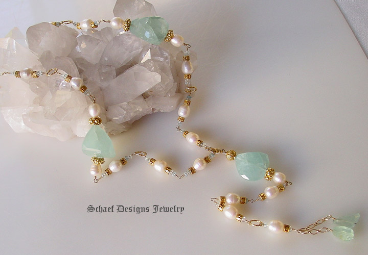 Afghani Aquamarine Nugget & White Freshwater Pearl Long Necklace | Schaef Designs artisan handcrafted gemstone Jewelry | online jewelry boutique | San Diego, CA 