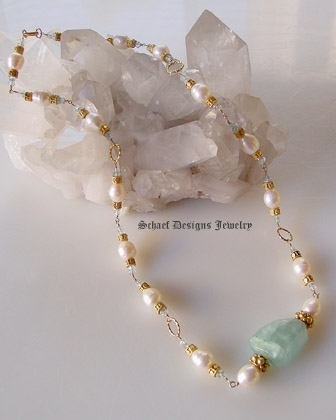 Afghani Aquamarine Nugget & White Freshwater Pearl Long Necklace | Schaef Designs artisan handcrafted gemstone Jewelry | online jewelry boutique | San Diego, CA 