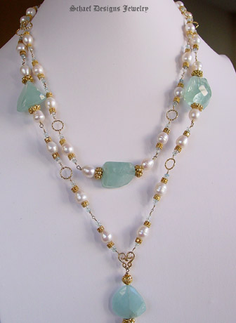 Afghani Aquamarine Nugget & White Freshwater Pearl Long Necklace | Schaef Designs artisan handcrafted gemstone Jewelry | online jewelry boutique | San Diego, CA 