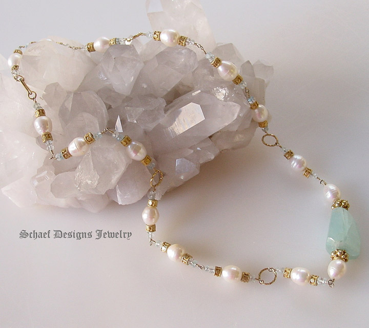 Afghani Aquamarine Nugget & White Freshwater Pearl Long Necklace | Schaef Designs artisan handcrafted gemstone Jewelry | online jewelry boutique | San Diego, CA  