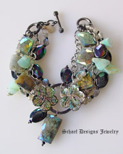 Mystic labradorite spinel onyx, abalone carved flowers pearls & black silver gemstone bracelet  | Schaef Designs artisan handcrafted gemstone Jewelry | upscale online jewelry gallery boutique | San Diego, CA 