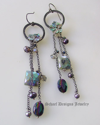 Mystic labradorite pearl carved abalone flower sterling silver dangle earrings | Gemstone & Pearl Dangle Jewelry | upscale artisan handcrafted jewerly gallery boutique | Schaef Designs Jewelry | San Diego, CA 