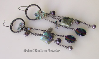 Mystic labradorite pearl carved abalone flower sterling silver dangle earrings | Gemstone & Pearl Dangle Jewelry | upscale artisan handcrafted jewerly gallery boutique | Schaef Designs Jewelry | San Diego, CA 