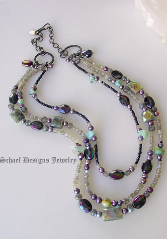  Mystic labradorite, onyx, pearls, peruvian opals & black sterling silver artisan handcrafted gemstone Necklace | online upscale artisan jewelry gallery boutique | Schaef Designs Gemstone Jewelry | San Diego, CA  