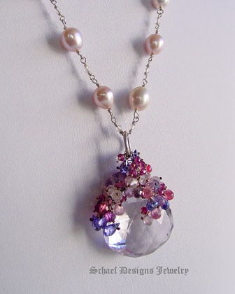                    Artisan handcrafted 50 carat pink amethyst faceted tear drops briolettes crowned with briolettes and rondelles of spinel, rose quartz, amethysts, rhodolite garnets and tanzanite cubic zircons gemstone pendant on hand linked pink pearl & stering silver necklace | upscale online gemstone & pearl jewelry gallery | Schaef Designs upscale artisan handcrafted gemstone & pearl jewelry | San Diego, CA 