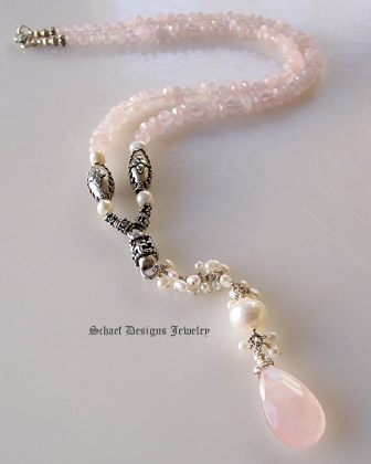 Pink Chalcedony, rose quartz, white freshwater pearls & sterling silver gemstone Necklace | Online Upscale artisan handcrafted gemstone jewelry boutique | Schaef Designs Gemstone Jewelry | San Diego, CA