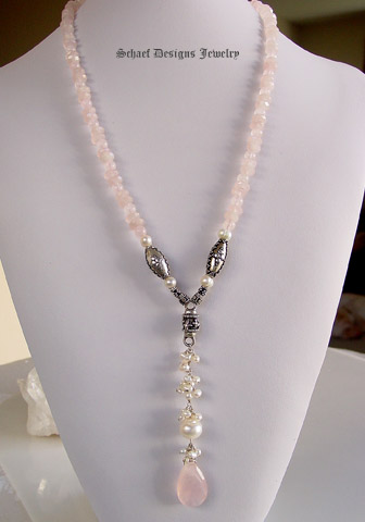 Pink Chalcedony, rose quartz, white freshwater pearls & sterling silver gemstone Necklace | Online Upscale artisan handcrafted gemstone jewelry boutique | Schaef Designs Gemstone Jewelry | San Diego, CA