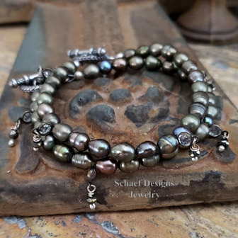 Schaef Designs Gemstone stacking bracelets pyrite, olive pearl, & sterling silver | Arizona 