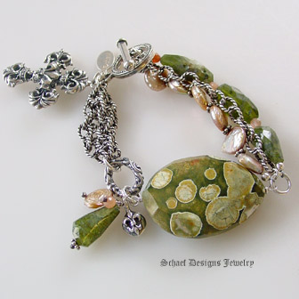 Rhyolite, Peach Coin Pearl, Peach Moonstone, Vesuvianite, and Antiqued silver chain gemstone bracelet  | Schaef Designs Gemstone Jewelry | New Mexico  