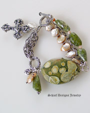 Rhyolite, Peach Coin Pearl, Peach Moonstone, Vesuvianite, and Antiqued silver chain gemstone bracelet | Online Upscale artisan handcrafted gemstone jewelry boutique | Schaef Designs Gemstone Jewelry | San Diego, CA  
