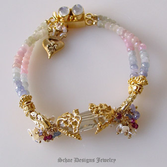 Miriam Haskell inspired Prasiolite, Tanzanite, Sapphire, Rhodolite Garnets and 22kt gold vermeil with Moonstone Clasp & heart with fleur de lis charm | Schaef Designs artisan handcrafted gemstone jewelry | online upscale jewelry boutique | San Diego, CA