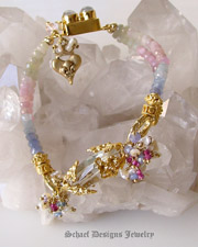 Miriam Haskell inspired Prasiolite, Tanzanite, Sapphire, Rhodolite Garnets and 22kt gold vermeil with Moonstone Clasp & heart with fleur de lis charm | Schaef Designs artisan handcrafted gemstone jewelry | online upscale jewelry boutique | San Diego, CA 