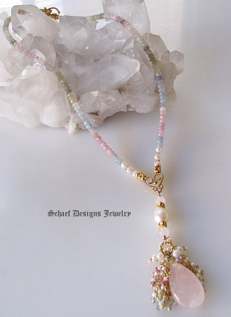 Pastel shaded sapphires pink blue green white gemstone necklace with pink chalcedony seed pearls & sapphires pendant | Schaef Designs artisan handcrafted gemstone jewelry | online jewelry boutique | San Diego, CA