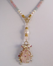 Shades of pink, green, blue and white sapphires with pearls and 22 kt gold vermeil necklace with  Stunning pink chalcedony pear shaped Briolette Focal Pendant