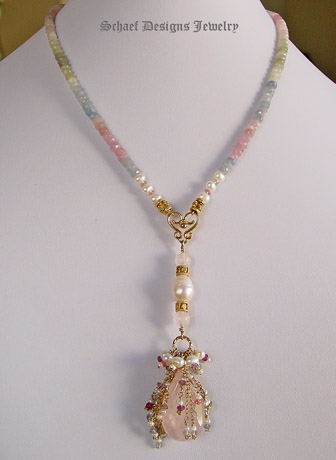 Pastel shaded sapphires pink blue green white gemstone necklace with pink chalcedony seed pearls & sapphires pendant | Schaef Designs artisan handcrafted gemstone jewelry | online jewelry boutique | San Diego, CA 