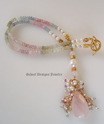 Pastel shaded sapphires pink blue green white gemstone necklace with pink chalcedony seed pearls & sapphires pendant | Schaef Designs artisan handcrafted gemstone jewelry | online jewelry boutique | San Diego, CA