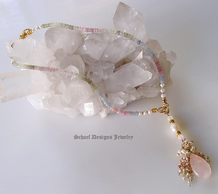 Pastel Sapphire Necklace with stunning focal pendant | Pink Pear Shaped Chalcedony  Briolette Pendant surrounded by sapphires, pearls and rhodolite garnets | Inspired by Vintage Miriam Haskell 