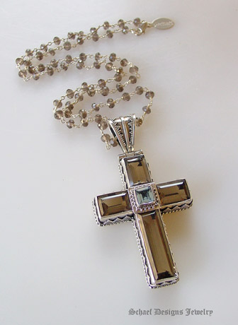 Smoky & Blue Topaz Gemstone Cross pendant and smoky topaz chain necklace in sterling silver | online jewelry boutique | Schaef Designs Gemstone Jewelry | San Diego, CA  