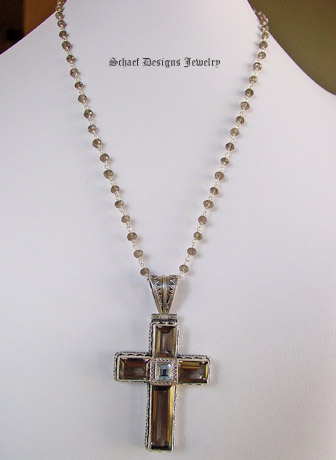 Smoky & Blue Topaz Gemstone Cross pendant and smoky topaz chain necklace in sterling silver | online jewelry boutique | Schaef Designs Gemstone Jewelry | San Diego, CA 