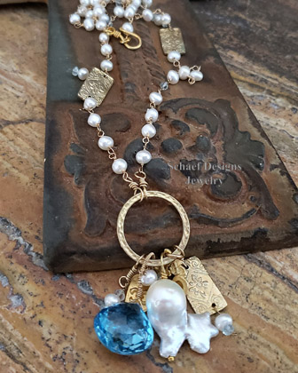 Schaef Designs Large Swiss Blue Topaz & White Freshwater Pearl 24kt Gold Vermeil Amulet Necklace | Arizona