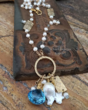 Schaef Designs Large Blue Topaz & White Freshwater Pearl 24kt Gold Vermeil Amulet Necklace | Arizona