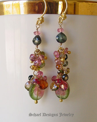 Artisan handcrafted gemstone earrings | watermelon tourmaline slice and shaded tourmaline briolettes & 22kt gold vermeil | online upscale jewelry boutique | Schaef Designs gemstone jewelry | San Diego, CA