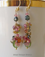 artisan handcrafted gemstone earrings | watermelon tourmaline slice and shaded tourmaline briolettes & 22kt gold vermeil | online upscale jewelry boutique | Schaef Designs gemstone jewelry | San Diego, CA   