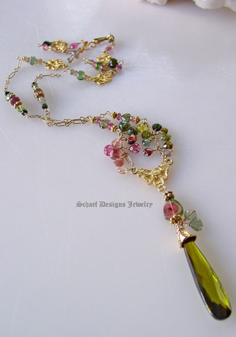 Shaded & watermelon tourmalines on 22kt gold vermeil chain with deep green cz pendant | online upscale artisan handcrafted jewelry boutique | Schaef Designs gemstone jewelry | San Diego, CA 