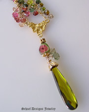 Artisan handcrafted gemstone necklace of shaded and watermelon tourmalines, and 22kt gold vermeil with rich deep green CZ pendant | Schaef Designs gemstone jewelry | online jewelry boutique | San Diego, CA