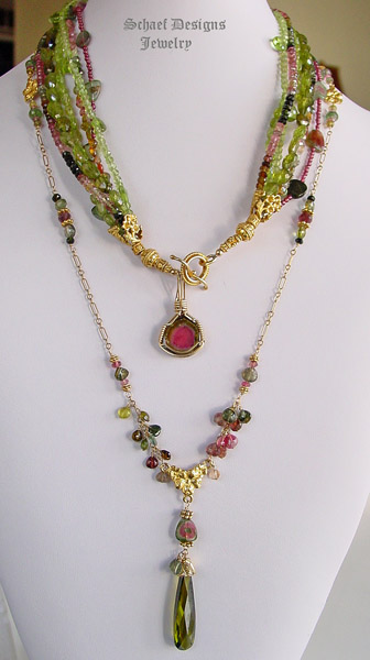 Shaded & watermelon tourmalines on 22kt gold vermeil chain with deep green cz pendant | online upscale artisan handcrafted jewelry boutique | Schaef Designs gemstone jewelry | San Diego, CA 