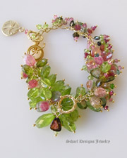 Artisan handcrafted gemstone bracelet of peridot, shaded and watermelon tourmaline, rubies, and 22kt gold vermeil with detachable brushed 22kt gold vermeil dragonfly charm | Schaef Designs gemstone jewelry | online jewelry boutique | San Diego, CA