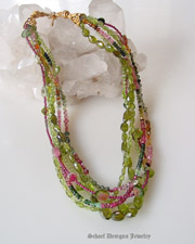 Artisan handcrafted gemstone necklace of peridot, shaded and watermelon tourmaline, rubies, and 22kt gold vermeil with detachable watermelon slice pendant | Schaef Designs gemstone jewelry | online jewelry boutique | San Diego, CA