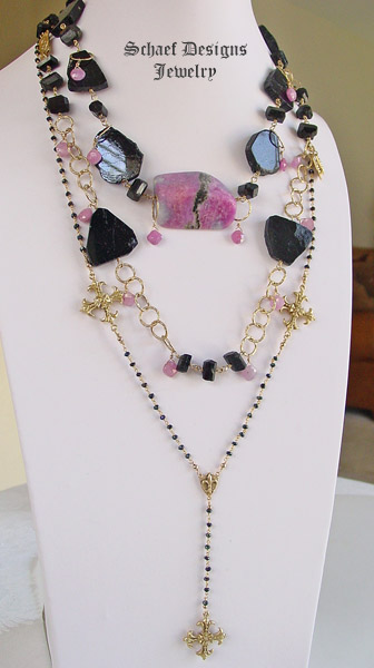 Black Tourmaline, Pink Sapphire Brioliettes & 24kt Gold Vermeil charm long necklace  | Schaef Designs artisan handcrafted gemstone Jewelry | upscale online jewelry gallery boutique | San Diego, CA