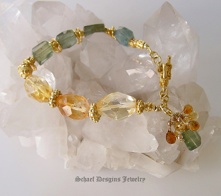 Artisan handcrafted gemstone bracelet of citrine nuggets, rare moss aquamarine and 22kt gold vermeil | Schaef Designs gemstone jewelry | online jewelry boutique | San Diego, CA 