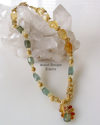 Artisan handcrafted gemstone necklace of citrine nuggets, rare moss aquamarine and 22kt gold vermeil | Schaef Designs gemstone jewelry | online jewelry boutique | San Diego, CA