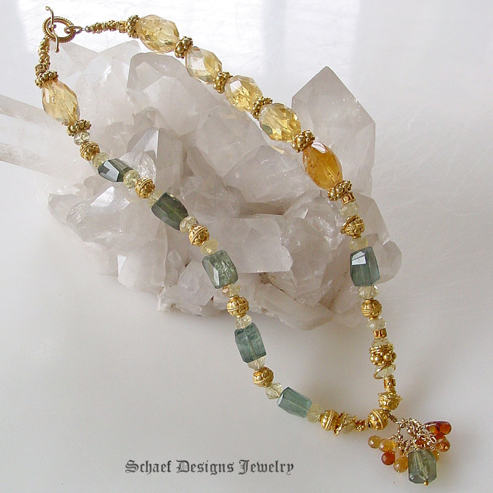  Artisan handcrafted gemstone necklace of citrine nuggets, rare moss aquamarine and 22kt gold vermeil | Schaef Designs gemstone jewelry | online jewelry boutique | San Diego, CA 