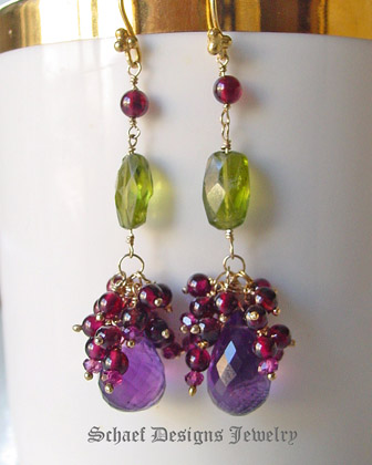 Amethyst, Peridot, Garnet & 24kt gold vermeil one of a kind gemstone earrings | upscale online gemstone, & pearl jewelry gallery | Schaef Designs Artisan Handcrafted Gemstone Jewlery | San Diego, CA 