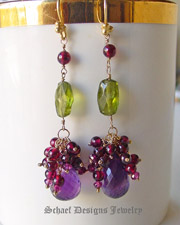 Amethyst, Peridot, Garnet & 24kt gold vermeil one of a kind gemstone earrings | upscale online gemstone, & pearl jewelry gallery | Schaef Designs Artisan Handcrafted Gemstone Jewlery | San Diego, CA