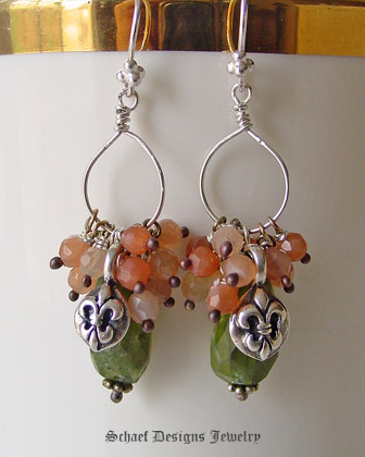 Artisan Handcrafted Vesuvianite & peach moonstone dangle gemstone earrings with sterling silver fleur de lis charms | online jewelry boutique |  Schaef Designs Gemstone Jewelry | San Diego, CA