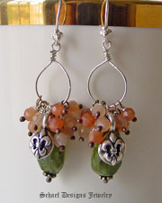 Vesuvianite, Peach Moonstone,  Sterling Silver Fleur de Lis Gemstone Earrings  | Online Upscale artisan handcrafted gemstone jewelry boutique | Schaef Designs Gemstone Jewelry | San Diego, CA  