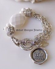  White agate, sterling silver figaro chain & armadillo dot bead multi strand bracelet with crown charm | upscale online artisan handcrafted gemstone jewelry gallery boutique | Schaef Designs Signature Gemstone Jewelry | San Diego CA 