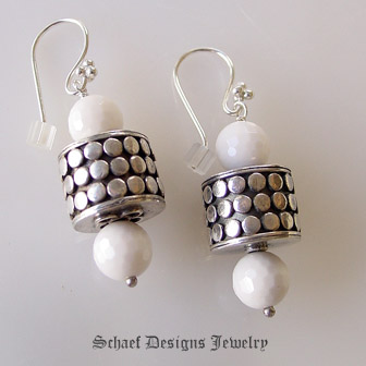 White agate & sterling silver armadillo dot bead Dangle Earrings | Schaef Designs artisan handcrafted gemstone & pearl earrings | online upscale designer gemstone & pearl designer jewelry gallery boutique | San Diego, CA 