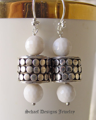 White agate & sterling silver armadillo dot bead Dangle Earrings | Schaef Designs artisan handcrafted gemstone & pearl earrings | online upscale designer gemstone & pearl designer jewelry gallery boutique | San Diego, CA
