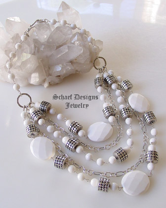Schaef Designs designer white agate, sterling silver figaro chain & armadillo dot bead bib necklace | artisan handcrafted upscale online jewelry gallery boutique | Schaef Designs Gemstone Jewerly | Signature Collection | San Diego, CA 