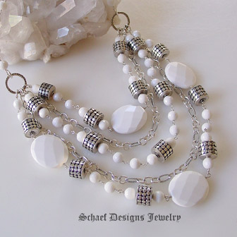 Schaef Designs designer white agate, sterling silver figaro chain & armadillo dot bead bib necklace | artisan handcrafted upscale online jewelry gallery boutique | Schaef Designs Gemstone Jewerly | Signature Collection | San Diego, CA