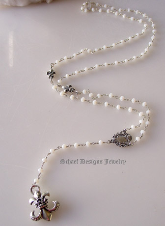 White opal & sterling silver chain rosary style necklace with silver fleur de lis charms | artisan handcrafted upscale online jewelry gallery boutique | Schaef Designs Gemstone Jewerly | Signature Collection | San Diego, CA 